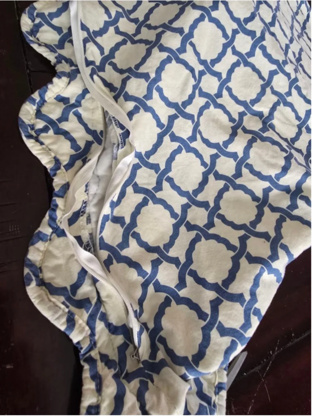 Waverly King Size Vintage Cottagecore Blue White Damask Scalloped Pillow Shams